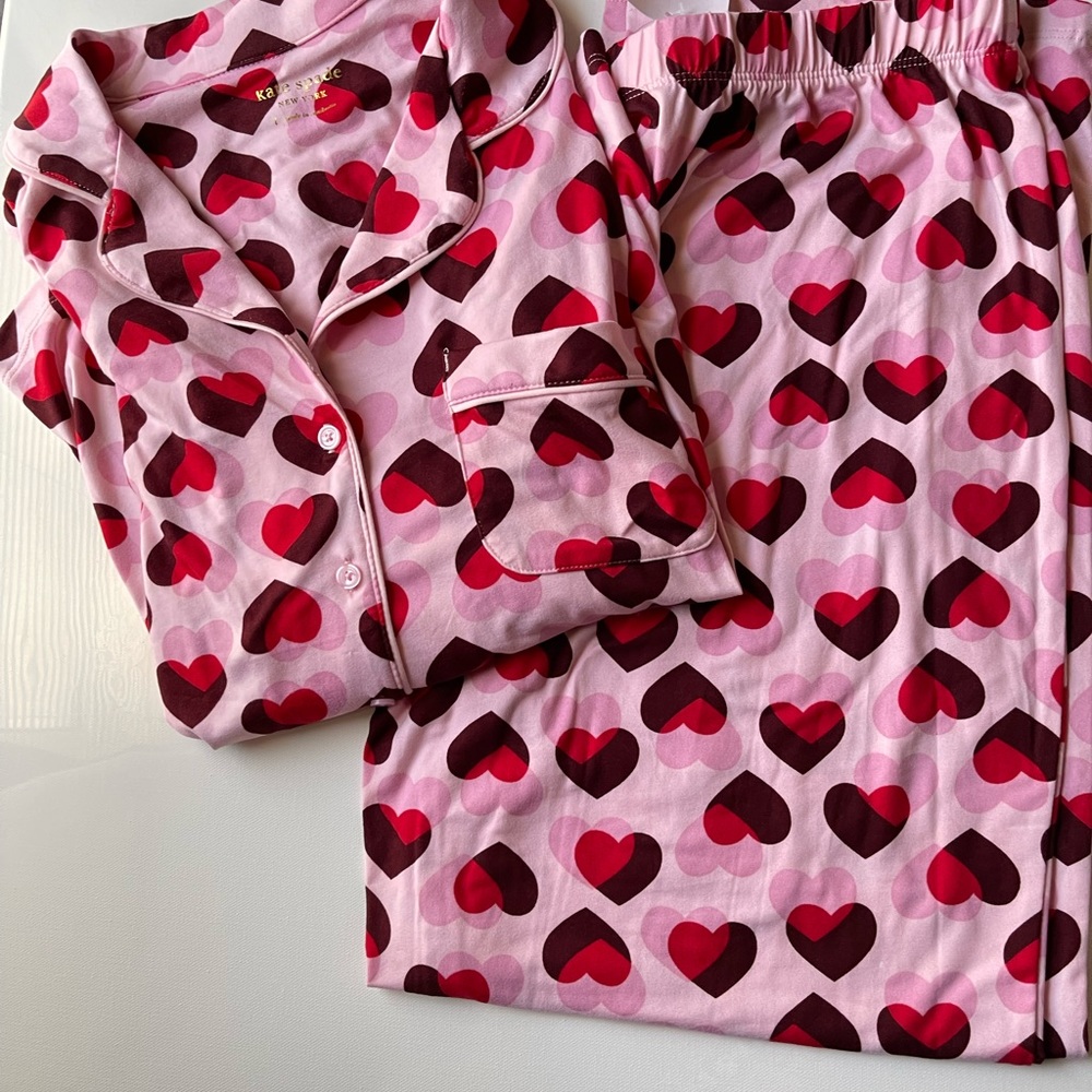Kate Spade New York Double Heart Print Notch Collar Long Sleeve Pajama Set